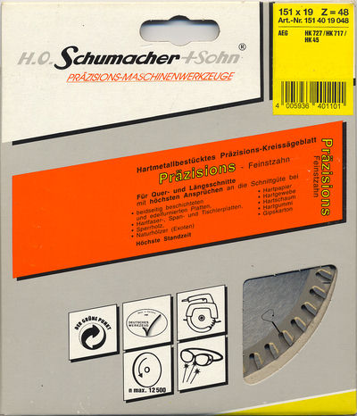 H.O. Schumacher+Sohn Hartmetallbestücktes Präzisions-Kreissägeblatt Feinstzahn Ø 151 mm, Bohrung 19 mm (3/4’’)